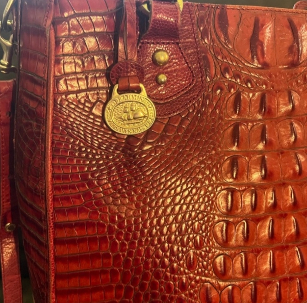 Brahmin Red Tote with Crocodile Texture and Gold Hardware